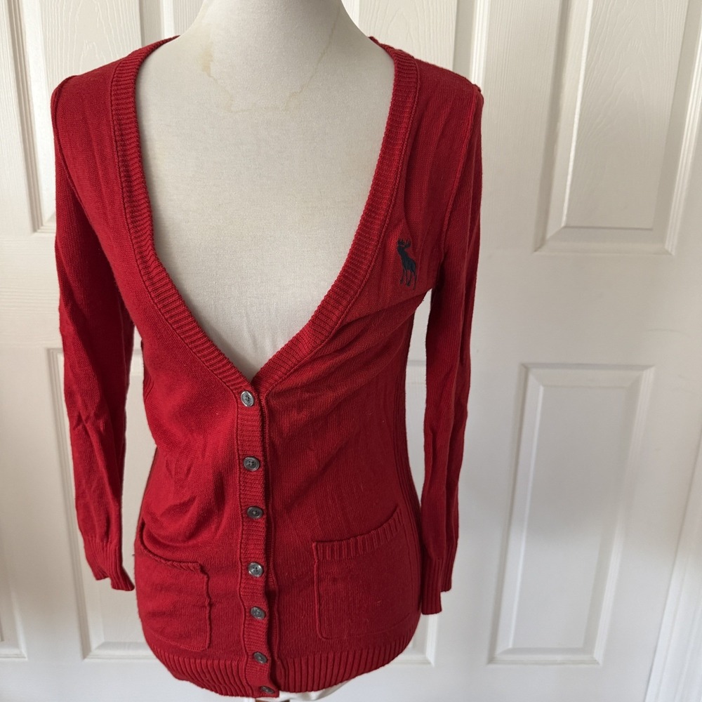 Y2k Abercrombie & Fitch Moose Logo Preppy Red Cardigan M Academia Cotton Blend